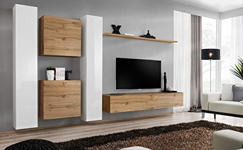 All4All Wohnwand SW 6 - Wohnzimmermöbel - Schrankwand für Wohnzimmer - Wohnzimmerschrank - Anbauwand Hängend - Modern Wotan+Weiß 21