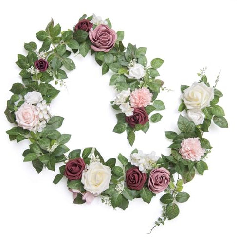 Ling's moment 5FT Dusty Rose Artificial Flower Garland Blush Rose Leaves Floral Garland Arch Flowers Vine for Wedding Party Backdrop Decor Mantel Home Table Centerpieces Wall Decorations Cream