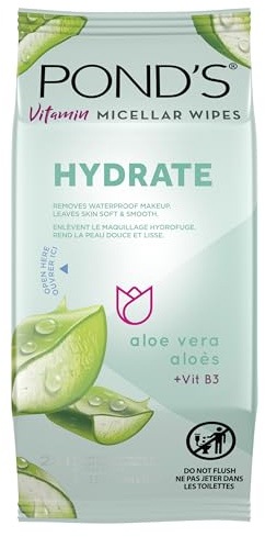 POND’S Micellar Makeup Remover Wipes, Removes Waterproof Mascara, with Aloe Vera & Vitamin B3, Alcohol-Free Facial Cleansing Wipes for Dry Skin, 25 Count