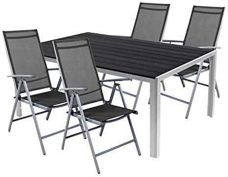 Mojawo 5er Set Alu Silber Gartenmöbel Gartengarnitur Non Wood 150x90x74cm + 4 Hochlehner Textilen