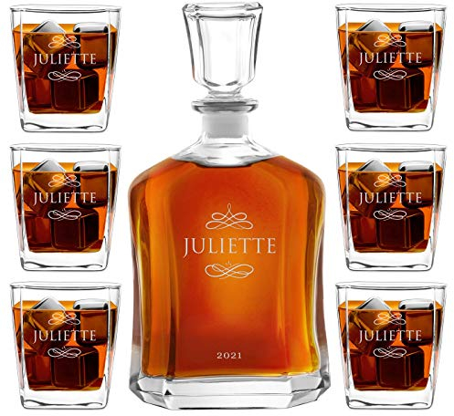 Maverton Ensemble de Carafes Personnalisés a Whisky Rhum Cognac Avec 6 Verres a Whisky Gravés - 700 ml Service Universel Verre Whisky et Carafe - Cadeau Noel - Monogramme