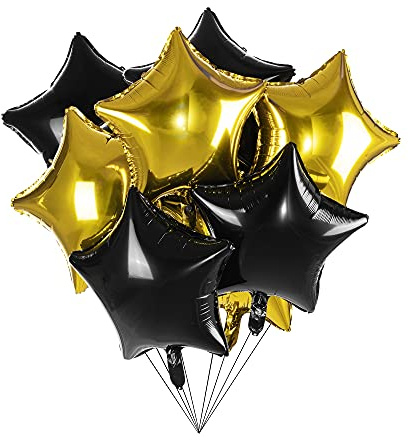 18 Black Gold Big Balloons Star Foil Mylar Helium Balloons for Party Decorations, Pack of 20