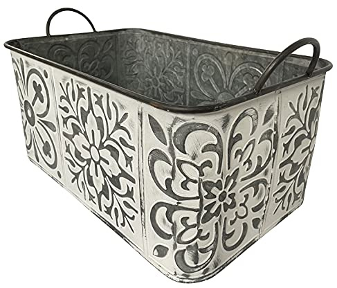 OF Zinkwannen, Blumentöpfe mit weißen Blumenmuster im Vintage Stil - Blumentopf, Blumenkasten klein bis groß (Groß, 49 x 30 cm)