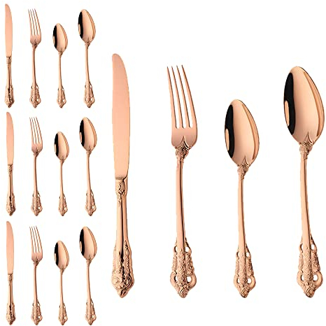 MeiSha 16 pièces Titane plaqué Or Rose Ensemble de Couverts, Set Argenterie Table 4 Personnes Inox, Comprend des couteaux/ fourchettes/ cuillères, Miroir Poli et Lavable au Lave-vaisselle (Or Rose)