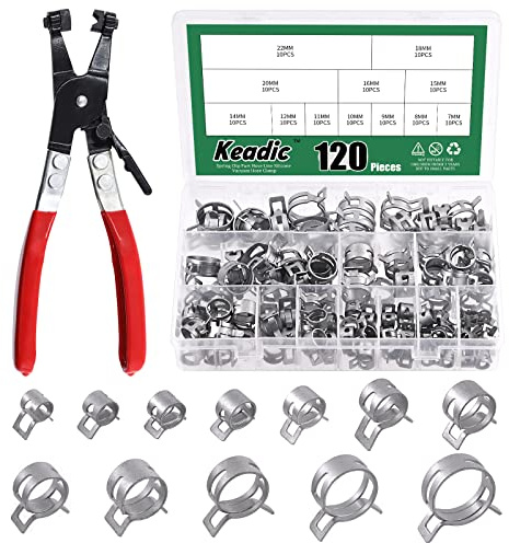 Keadic 121 Pcs 12 Sizes [7-22mm] Spring Hose Clamp Assortment Set with Swivel Flat Band Pliers Fuel Silicone Vacuum Hose Low Pressure Air Tube Clip Clamps Fasteners
