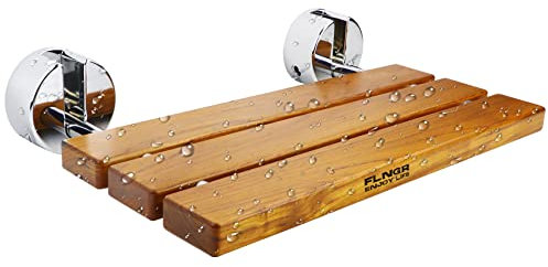 20 inchs Teak Folding Shower Seat Wall Mounted,Fold Down Shower Bench for Shower Space, Home Care Teak Wood Stool for Inside Shower,Pregnants-Maximum Load 440lb (Glossy & Yellow)