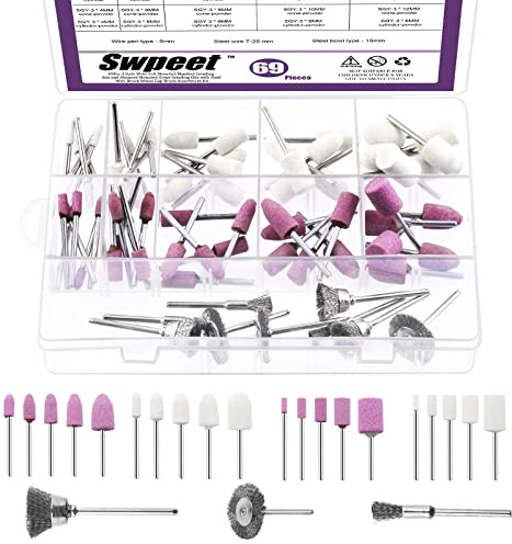 Swpeet 69Pcs 1/8 Shank Grinding Stone Set, 2 geformte und 5 Größen von Sanding Drill Bit für Rotary Tool Flap Wheel und Wolle Filz montiert Mandrel Set, 3 Arten Carbon Steel Wire Wheel Brush