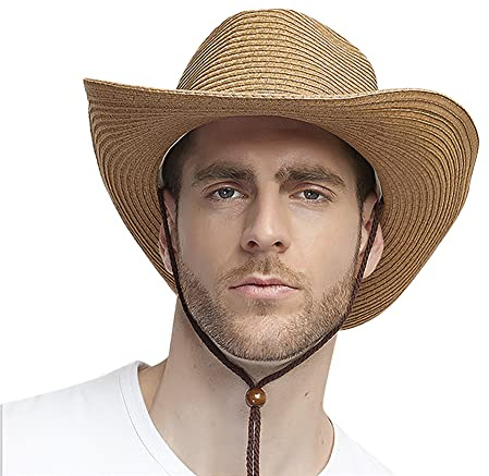 XGOPTS Herren Strohhut Cowboy Sommer Cowboyhat Große Krempe Sonnenhut Männer Junge Sommerhut Atmungsaktiv Herrenhut Modisch Trilby Hut Outdoor Partyhut Klassisch Strohhut Fasching Reise