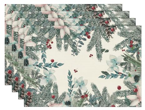 Artoid Mode Holly Eukalyptus Mistletoe Weihnachten Platzsets 4er Set, 30x45cm Winter Tischset Waschbar Platzdeckchen Küche Party Deko
