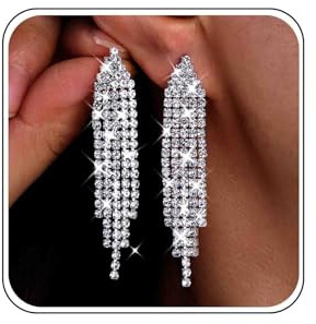 Wedding Long Rhinestone Earrings Silver Crystal Dangle Earrings Diamond Cubic Zirconia Bridal Drop Sparkly Tassel Cz Bride Stud Simple Shiny Statement Formal Bridesmaid Chandelier Party Prom Women