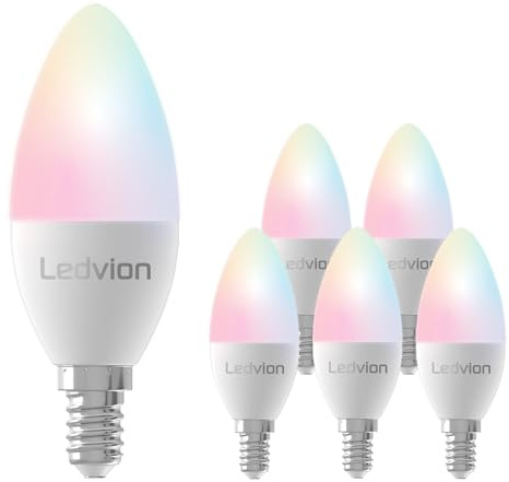 Ledvion - 6X Smart RGB+CCT E14 LED Lampe, 5W, 470 Lumen, Wi-Fi Beleuchtung, Wi-Fi Lampe, Dimmbar, Alexa & Google Home