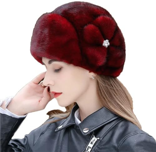 Damen Fellmütze Winter Flauschige Pelz Baskenmütze Russische Pelzmütze Damen Stirnband Outdoor Hut Ohrenschützer Skimütze Warme Pelzmütze, Burgunderroter Hut, 56/58 cm