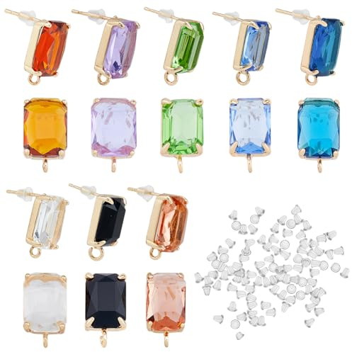 SUPERFINDINGS 16 Stück 8 Farben Messing Ohrstecker Zubehör Mit Glas Gold CZ Ohrring Zubehör Oval Ohrstecker Mit Öse Für Ohrring Schmuckherstellung, Bohrung: 1.2 mm
