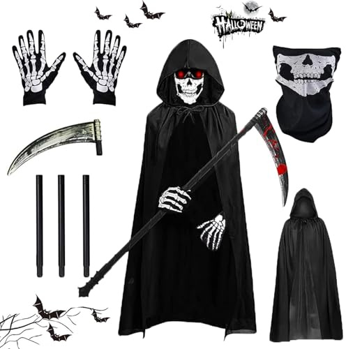 AOMAIGAD Disfraz de Parca Con Sombrero, Guantes, Hoz - Disfraz de Muerte para Halloween, Fiesta, Carnival, Costume, Cosplay