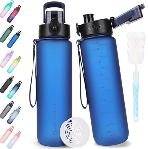 AOPREL Trinkflasche 1l, Trinkflasche Sport Tritan & BPA-Frei Wasserflasche Mit Filter und Bürste, Auslaufsicher Sportflasche Für Fitness, Wandern, Camping, Schule und Büro