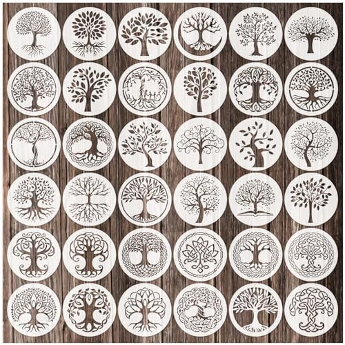 36 Stück Baum des Lebens Schablonen, 10,2 cm, rund, wiederverwendbar, Baumschablonen zum Malen auf Holz, Kunststoff, Zeichnen, natürliche Baumschablone für Untersetzer, Leinwand, DIY Handwerk (Baum)