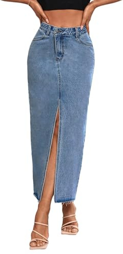Women's High Waist Maxi Denim Skirt Front Split Frayed Raw Hem A line Casual Long Jean Skirt Mid Blue M.