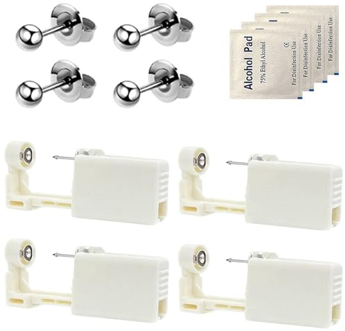 Dzxin Kits de piercing, 4 piezas de pistola de perforación de oreja, kit de pistola de perforación desechable con aretes de tuerca, herramienta de seguridad para perforación de oreja y nariz (gris