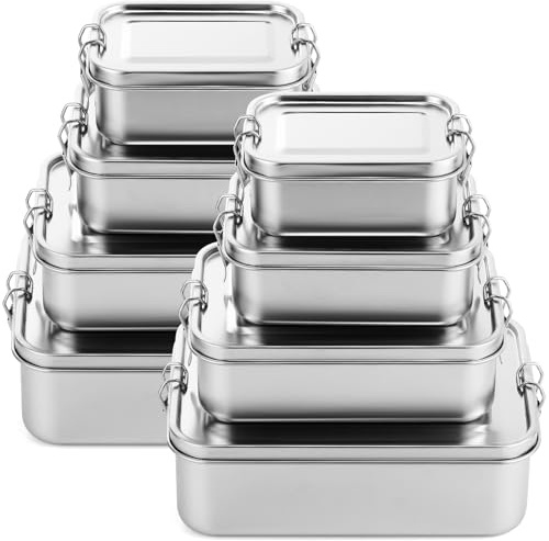 Umigy Set of 8 Stainless Steel Food Storage Containers with Leak-Proof Locking Clips, Reusable Dishwasher Safe, for Work, Picnic (4 Sizes)