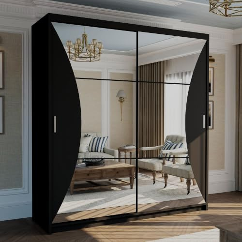 FURNITUREWAVE Carifornia Sliding Curved Mirror Wardrobe with Hanging Rail and Shelves, Clothes Storage Cabinet Organizer Closet for Bedroom Small Spaces (Black, 203cm)
