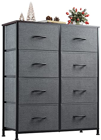 WLIVE Kommode mit 8 Schubladen aus Stoff, Kommodenschrank für Schlafzimmer, Kommode Wohnzimmer, mit Stabiler Stahlrahmen, Holzplatte, Dunkelgrau