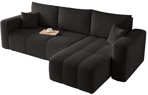 Ecksofa mit Schlaffunktion und Bettkasten 248 x 145 cm Schwarz | 248 x 145 x 79 cm, Kiefernholz und MDF, Hoher Sitzkomfort, Flexible Ottomane, Wohnen und Schlafen, Integrierter Bettkasten