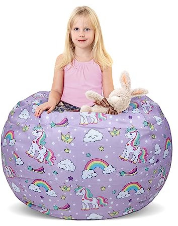 Decalsweet Puf de unicornio arcoíris para niños, solo funda para silla, grande, para almacenamiento de animales de peluche, para niñas y niños, para interiores y exteriores (sin relleno)