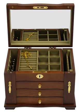 4 Etagen Schmuckkasten, Holz jewelry Aufbewahrungsbox Vintage Schmuckschatulle mit Schloss & Spiegel für Schmuck, Halsketten, Ringe