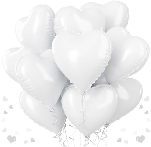 White Heart Foil Balloon Set - 12 Pieces, 18-Inch Large Matt Shape Helium Balloons for Weddings, Birthdays, Baby Showers, Bridal, Valentine’s Parties