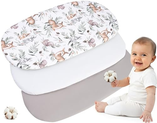 Medi Partners Baby Spannbettlaken Kinderwagen Laken 86x40 3-Pack Bettlaken Stubenwagen - 100% Baumwolle Fitted Sheet für Beistellbett Babybett Bezug (Hirsch in den Blättern-Weiß-Graue)