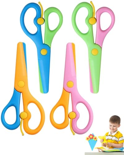 MYGLOAR Juego de 4 tijeras preescolares de 12 cm, tijeras de seguridad para niños, tijeras de papel de plástico PP, tijeras preescolares para niños mayores de 2 años