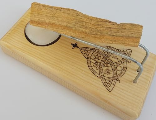 YA-DECOREGALOS Quemador de Palo Santo e Incienso de Madera, Diseño Nudo de Bruja, con Soporte Metálico, Vela de te y Palo Santo en cajita de Regalo