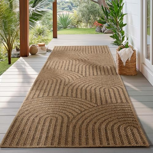 HomebyHome Outdoor Teppich Läufer 80x150 cm Wetterfest Pflegeleicht Jute Natur Optik Skandinavisches Boho Design für Flur Eingang Küche Terrasse Balkon