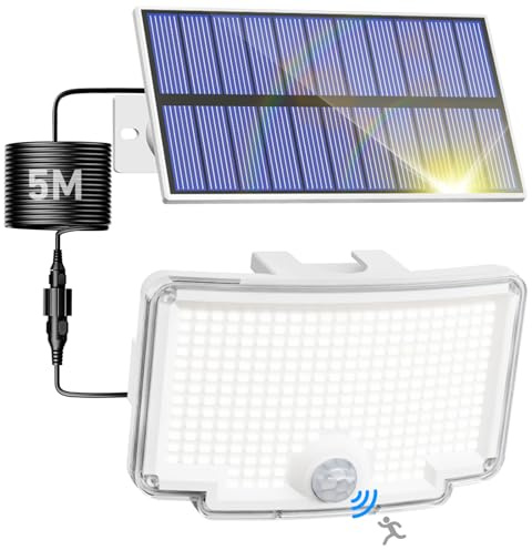 nipify Lampe Solaire Exterieur Detecteur de Mouvement 318 LED, 3 Mode Lumiere Solaire, IP65 Étanche Spot Solaire avec Câble de 5M, Eclairage Solaire pour Jardin Garage Cour, Blanc Froid[Lot de 1]