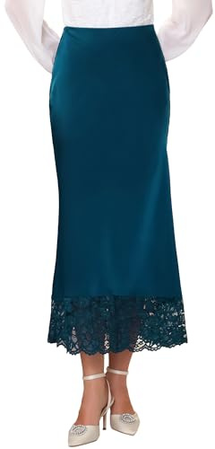 WOMLAYOUT Jupe Longue Moulante en Satin Femme, Taille Haute, Bordure en Dentelle, Jupe Maxi pour Cocktail et Soirée Bleu XXL