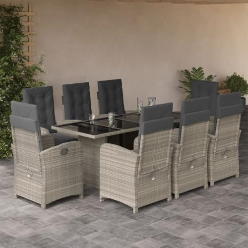 IKAYAA Gartenmöbel Set mit Tisch und 8 Verstellbare Hochlehner Stühlen, Sitzgruppe Outdoor für 8 Personen, Essgruppe für Garten Terrasse, inkl. Sitzkissen Hellgrau