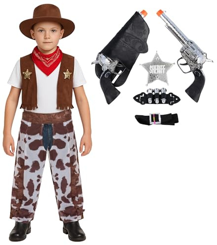 Costume de cowboy occidental avec ensemble de shérif 7 pièces pour enfants – Déguisement de shérif du Far West – Jeu de rôle, Halloween, fêtes et événements (taille L 10 à 12 ans)