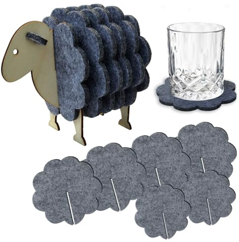 WangsLICHT Filz Untersetzer Set 6-teilig – Untersetzer in Schaf-Form mit Holzständer & Geschenkbox – Nachhaltige Tischdeko - Ostergeschenk - Gastgeschenk (Grau)