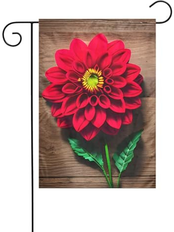 Planche en bois rétro motif fleur rouge dahlia drapeau de jardin double face 30,5 x 45,7 cm, drapeaux pour décorations de vacances en plein air, drapeau de cour durable