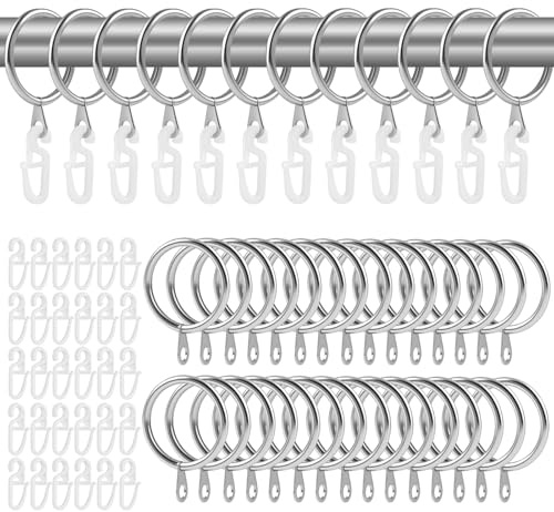 50 Pezzi Anelli per Tende in Metallo, Anelli e Ganci per Tende in Metallo, con Gancio Tenda Plastica Bianco, Diametro Interno 30 mm, per Asta di Tenda, per Finestre, Porte, Ganci per Binari(Argento)