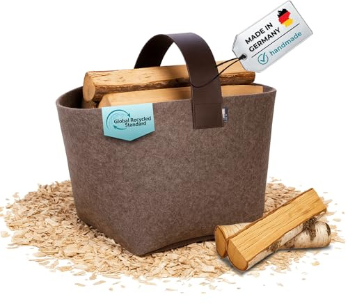 kontor28® - Kaminholzkorb aus Premium Filz 100% MADE IN GERMANY | Brennholzkorb Füllvolumen 60 L mit herausnehmbarem Boden | Feuerholzkorb mit Echtleder-Henkel, robust & standfest - Farbe Naturmeliert