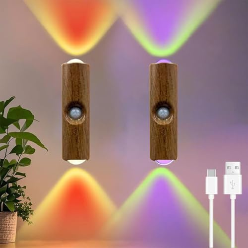 2 Stück Wiederaufladbares Smart-LED-Bewegungssensor-Ambientelicht, Magnetischer Intelligente RGB-Stimmungslicht mit Bewegungsmelder, Wiederaufladbare LED Wandleuchten für Schlafzimmer, Party (Holz)