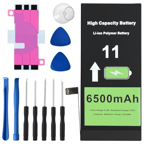 Batterie pour iPhone 11,6500mAh Haute Capacité Batterie de Remplacement avec Kits d'Outils de Réparation Complets pour A2111 A2221 A2223