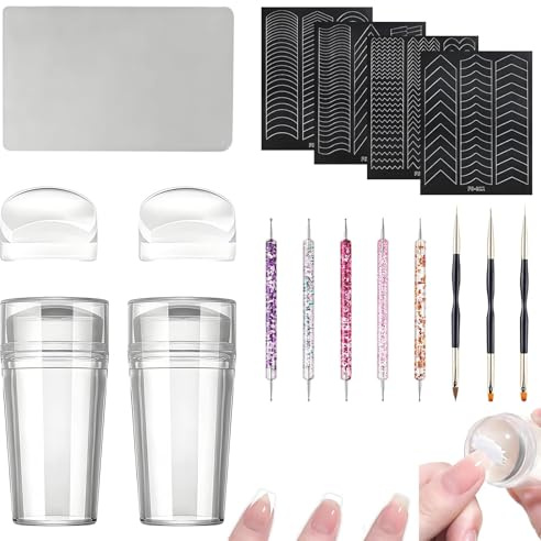 Nagelstempel Set, French Stempel Nägel - 2 Nagelstempel mit Deckel, 5 Dotting Pen 3 Nagel Pinsel, 2 Stempelköpfe, 4 Nagelaufkleber und 10 Nagelfeilen