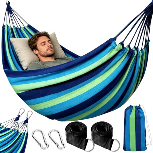 NXPZ Hamaca de Camping Exterior, Hamaca Doble 200x150cm, Capacidad de Carga 250 kg, con Bolsa de Almacenamiento, Cintas de Nylon y Mosquetones, para Camping, Jardín, Playa, Interior, Balcón, Viaje