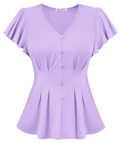 GRACE KARIN Women's Short Sleeve Summer Tops V-Neck Ruffle Pleated Blouses