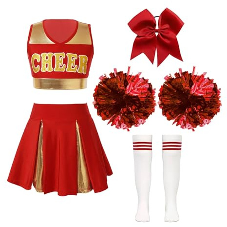 DUBTEDHOU Cheerleader-Uniform, Mädchen-Cheerleading-Uniformen-Set, bauchfreies Top, Rock, Socken, mehrfarbig, Größen 6–16, 5-teilig(A Red,14)