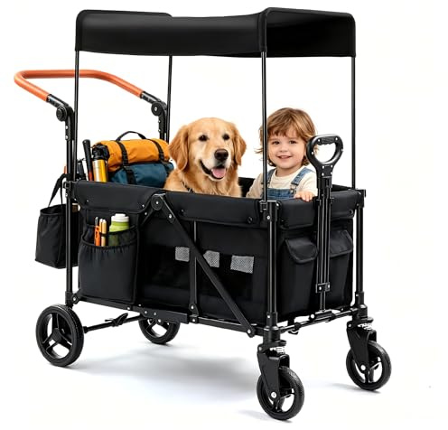 Bonnlo Carro Plegable de Transporte con Ruedas, Carro Playa Niños con Cinturón, Capacidad de 45 kg o Dos Niños, con Toldo Integrado y Freno de Pedal, Negro