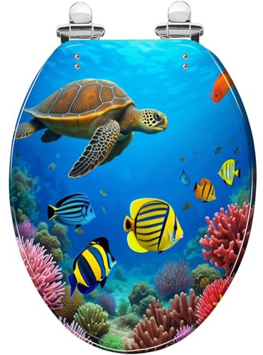 Sedile WC colorato corallo tropicale tartaruga marina vita marina resina con cerniere silenziose, facile da installare e pulire decorativo allungato sedile WC