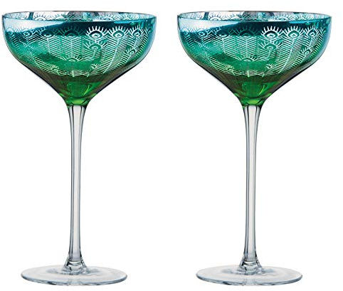 Artland - Set of 2 Champagne Saucers - Peacock Pattern, Multi-Coloured Coupe Cocktail Glasses, Electroplated Glass, Gift Idea for Birthday, Party, or Dinner Decorations